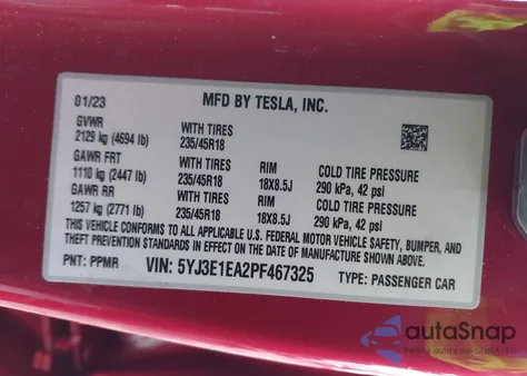 2023 Tesla Model 3 Rear-Wheel Drive z USA, uszkodzony, nr VIN 5YJ3E1EA2PF467325